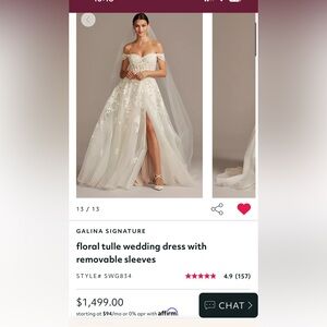 David’s Bridal Galina Signature floral tulle wedding dress w/ removable sleeves